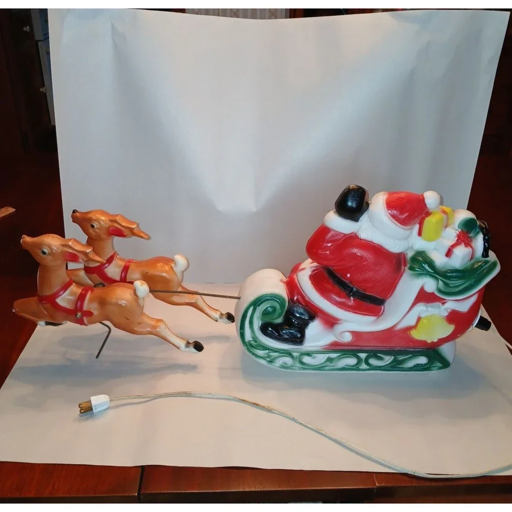 Vtg Empire Santa Sleigh & 2 Reindeer Blow Mold Christmas Light Up Figure 22 inch